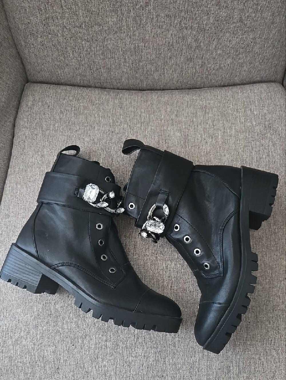 Karl Lagerfeld Patina Black Combat Boots with Jewel Chain